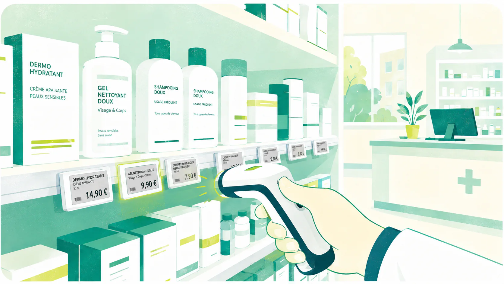 Étiquettes électroniques affichées sous les produits d'un rayon de pharmacie